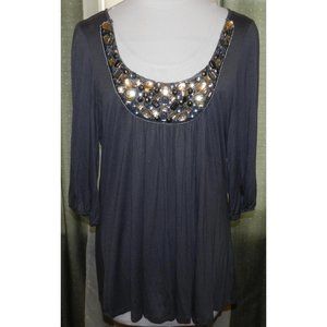 B'leev size 1X slinky stretch blend deep olive embellished top plus size women's
